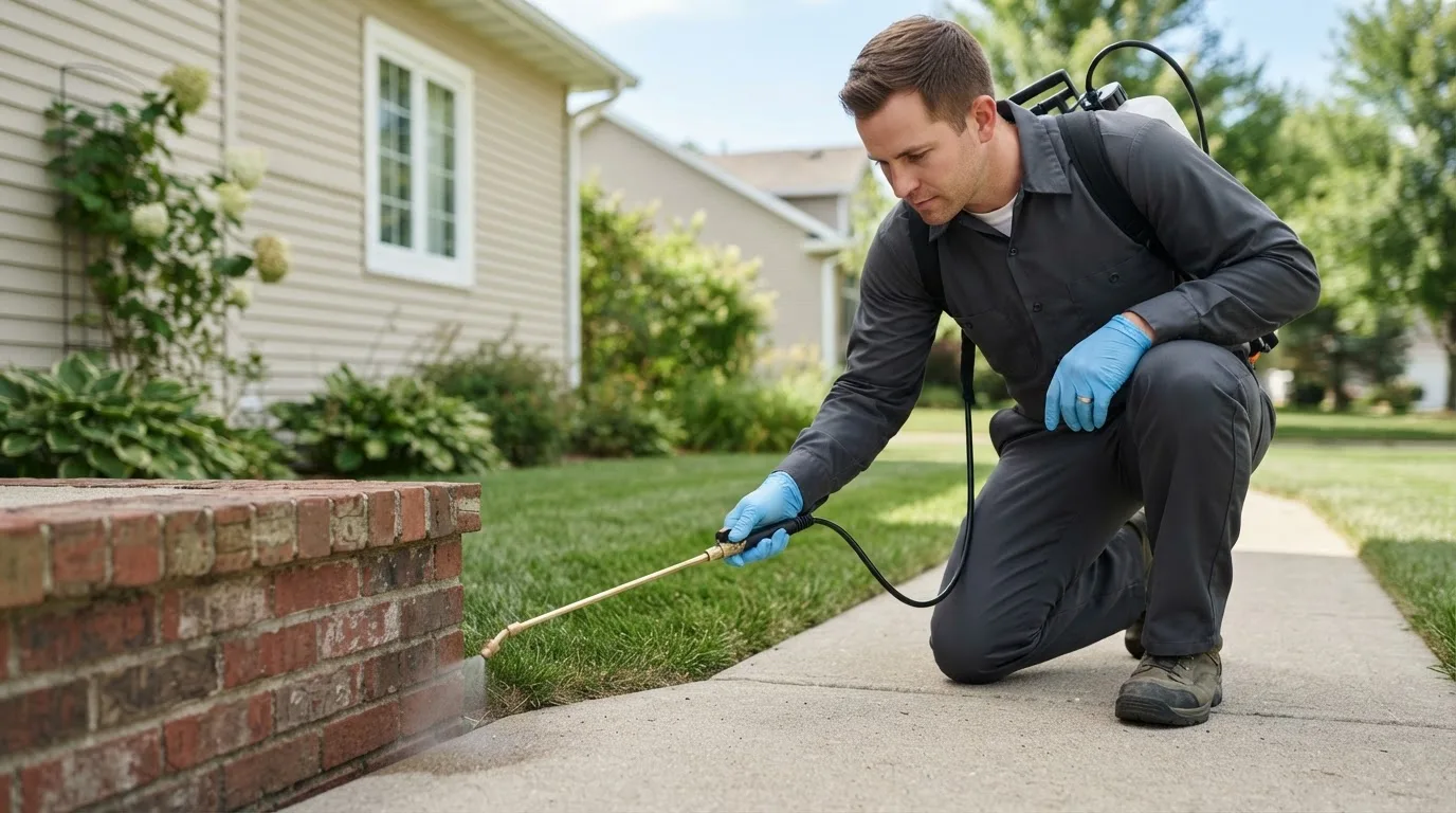 Pest control technician treating a home near Texico, NM